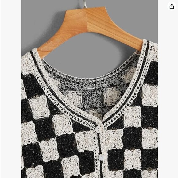 Button Front V Neck Sleeveless Crochet Plaid Checkered Knit Sweater Vest - Picture 5 of 7